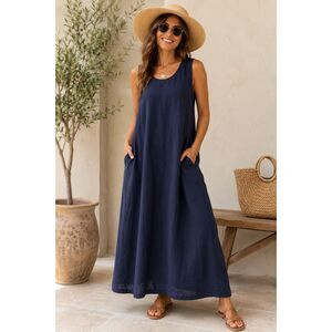 NWT ChouYatou Navy Blue Linen Blend Sleeveless Midi Dress w/ Pockets XXL